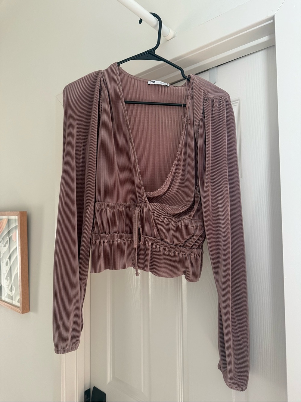Zara Dusty Mauve Ribbed Tie-Waist V-Neck Top